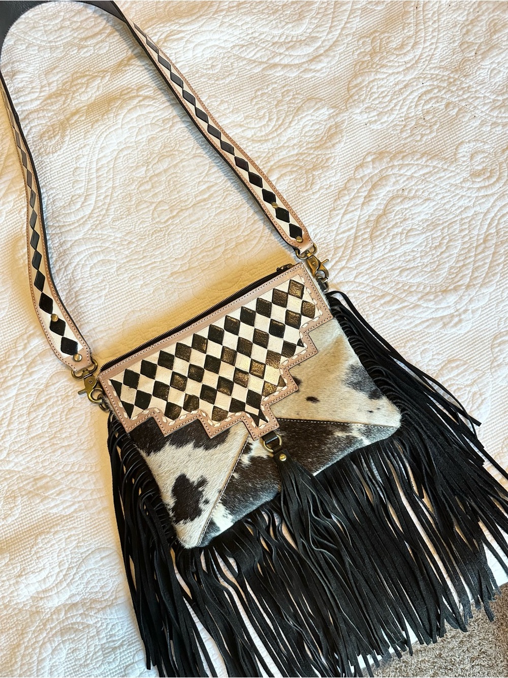 Checkered & Suede Fringe Crossbody Bag with Black & White Cowhide 100% Leather